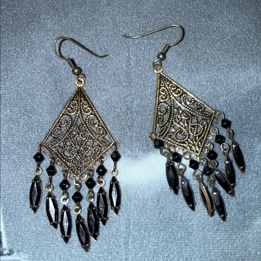 Vintage-Inspired Gold Filigree Drop Earrings with Black Beads